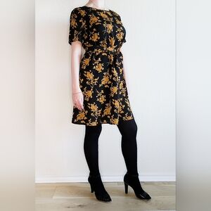 Black and Yellow Floral Midi Dress, Size L